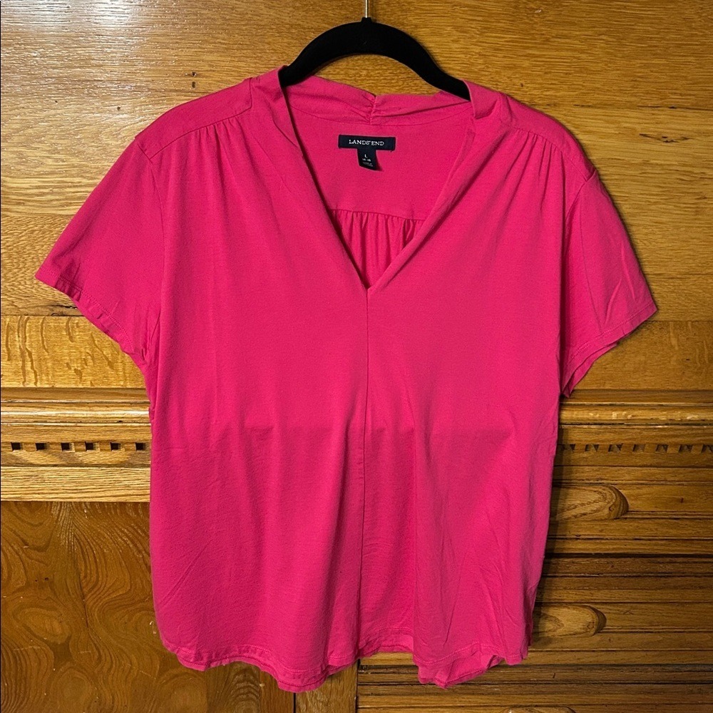 Lands End Boho Casual Pink V-Neck‎ Short Sleeve Knit Top Blouse Relaxed Office